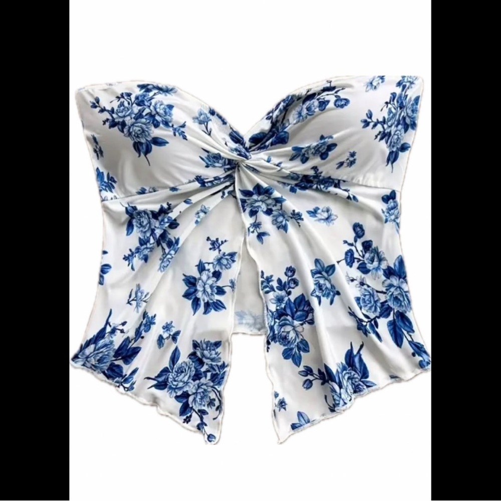 Blue & White, Floral, Bandeau Top